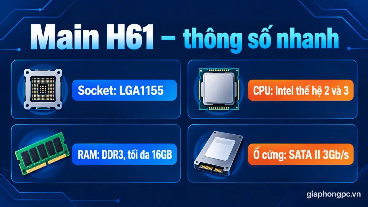Main H61 hỗ trợ CPU nào: socket LGA1155, CPU Intel thế hệ 2 và 3, RAM DDR3