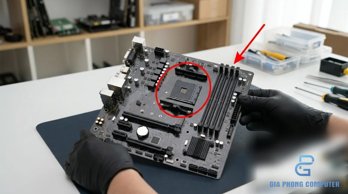 Main A520 socket AM4 trên bàn kỹ thuật với khu vực socket và khe <a href=