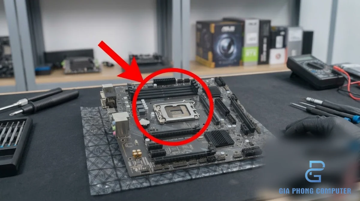 Mainboard B860 socket LGA1851 với khe RAM DDR5 và khe PCIe trên bàn kỹ thuật