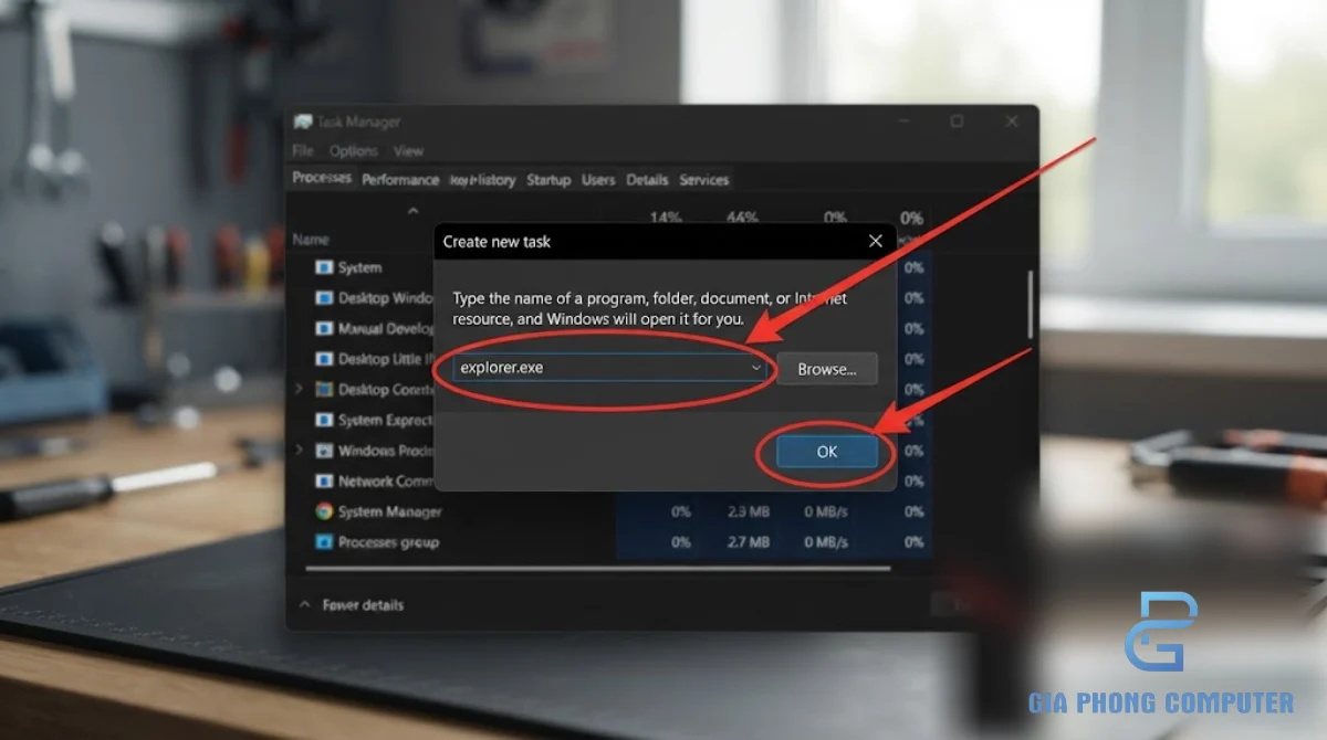 Chạy lại explorer.exe trong Task Manager