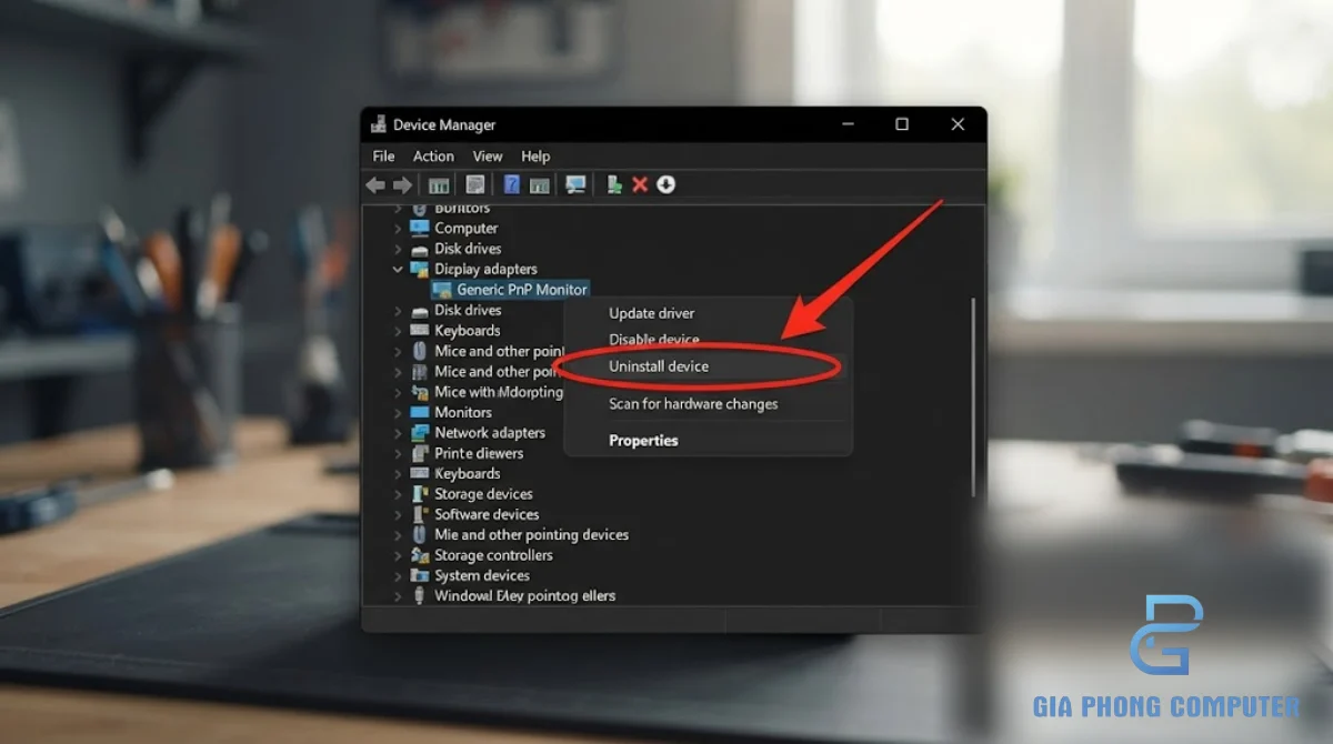 Gỡ driver card màn hình trong Device Manager