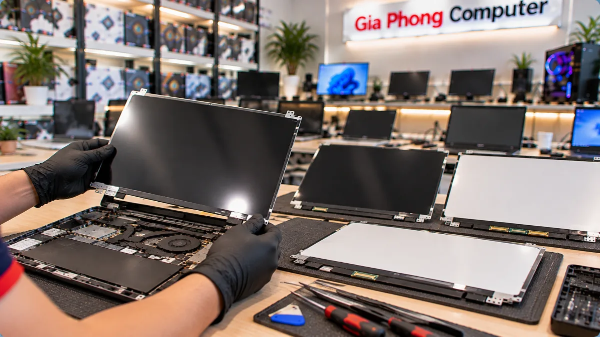 Kỹ thuật viên kiểm tra và so sánh các tấm panel màn hình laptop trước khi thay tại Gia Phong Computer