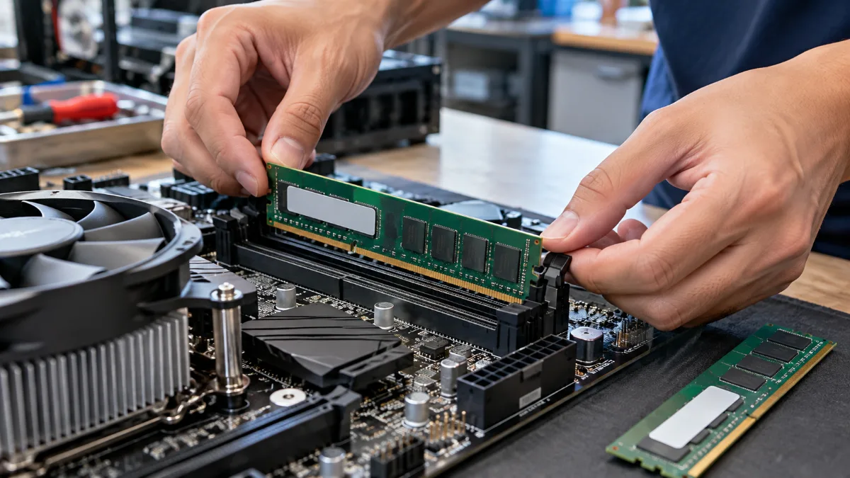 Kỹ thuật viên kiểm tra và tháo thanh RAM khỏi khe cắm trên mainboard máy tính