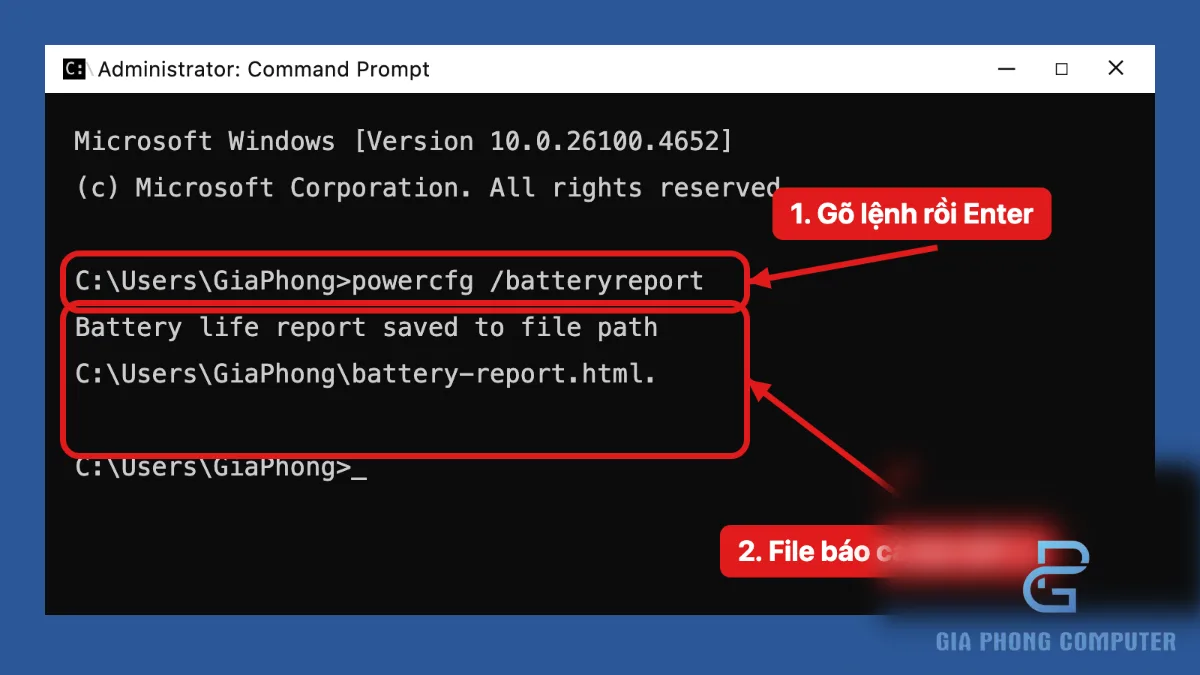 Mở Command Prompt trên laptop Windows để chạy lệnh powercfg battery report