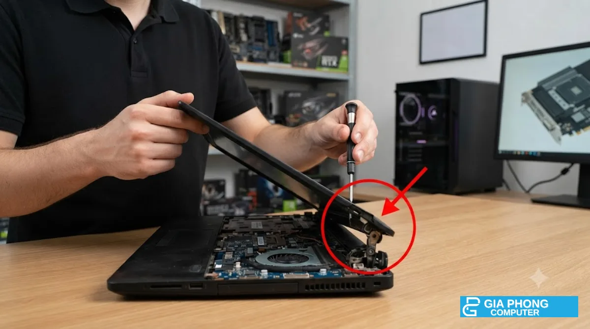 Mở gập màn hình nặng hoặc không đều hai bên – sửa bản lề laptop