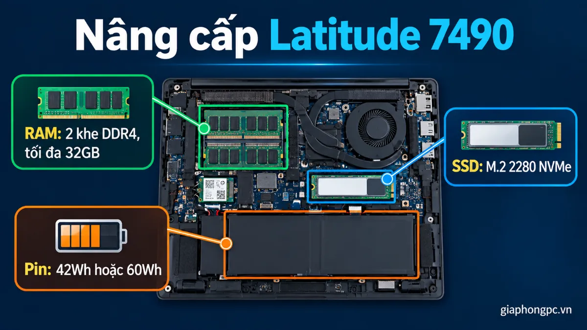 Nâng cấp Dell Latitude 7490: RAM DDR4 tối đa 32GB, SSD M.2 2280 NVMe, pin 60Wh