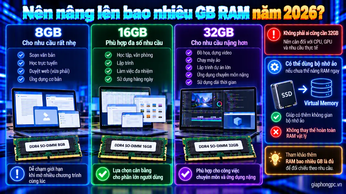 Nên nâng lên bao nhiêu GB RAM năm 2026