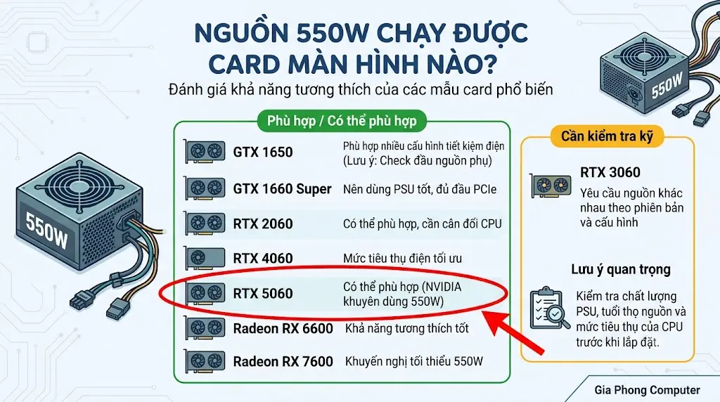 Infographic bảng danh sách các dòng card màn hình tương thích với nguồn 550W, khoanh đỏ làm nổi bật mức nguồn tham chiếu cho RTX 5060.