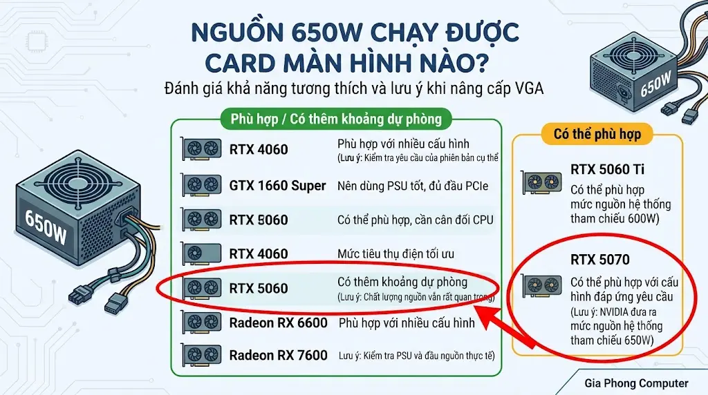 Infographic bảng danh sách các dòng card màn hình tương thích với nguồn 650W, khoanh đỏ làm nổi bật thông số cấu hình tham chiếu cho RTX 5060 và RTX 5070.