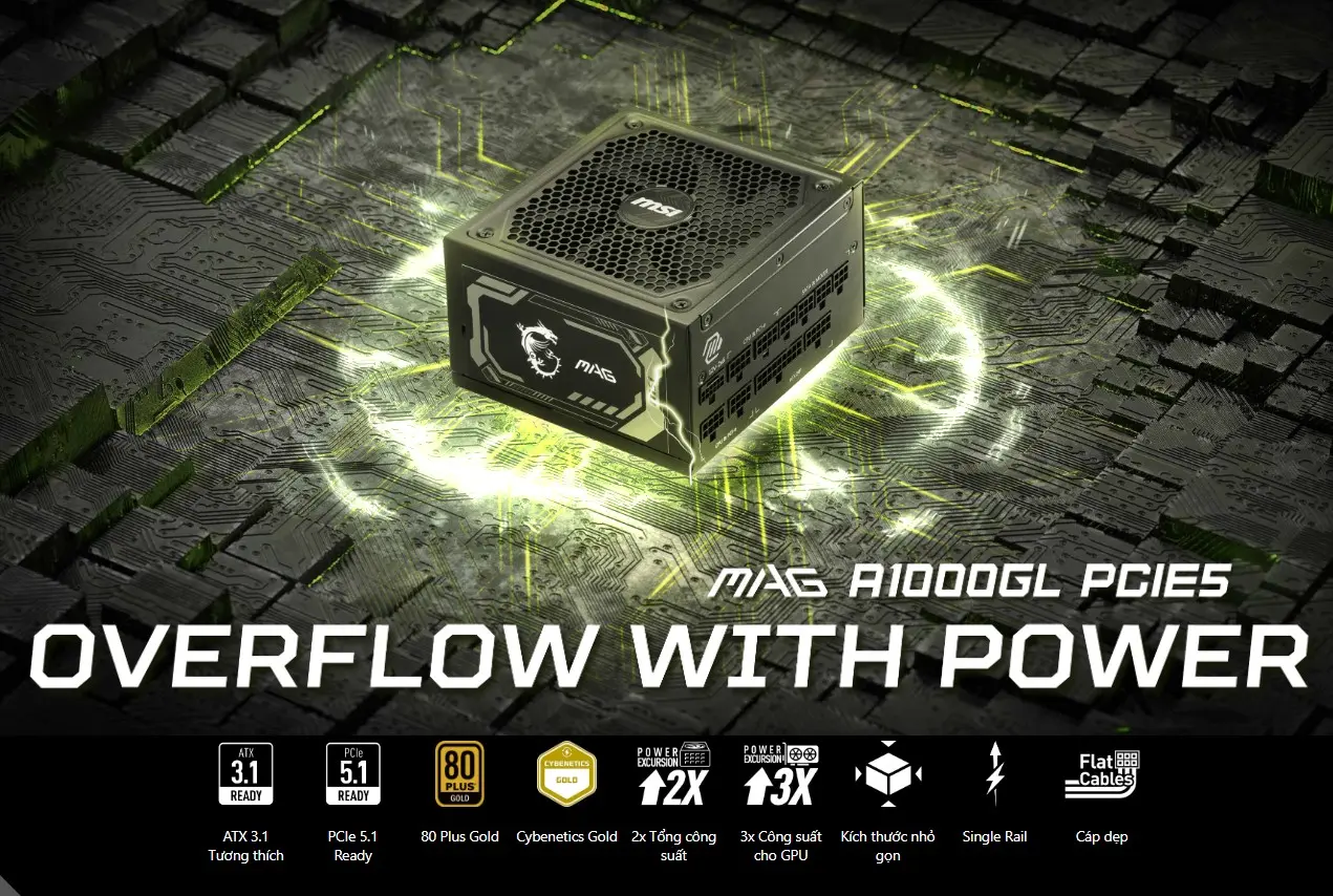 Nguồn MSI MAG A1000GL 1000W 80 Plus Gold PCIE5