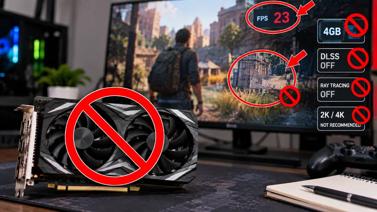 Card màn hình GTX 1650 cũ trên bàn gaming, minh họa những hạn chế khi chơi game AAA mới, sử dụng DLSS, ray tracing hoặc chơi ở độ phân giải cao.