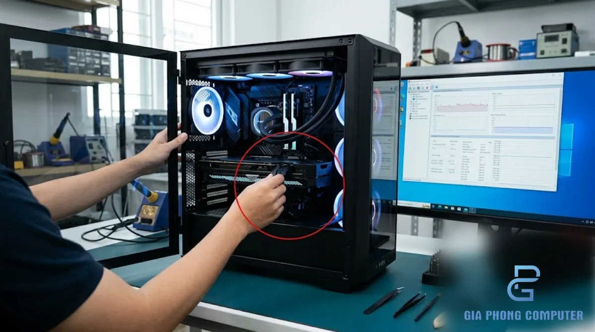 Kỹ thuật viên kiểm tra bộ PC gaming tại phòng kỹ thuật cửa hàng