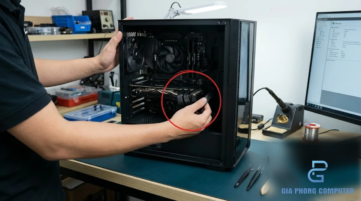 Kỹ thuật viên kiểm tra dây cáp và linh kiện PC gaming sau khi lắp ráp