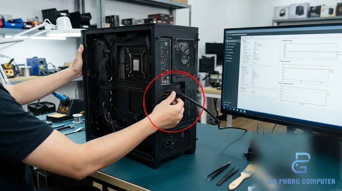 Kỹ thuật viên kiểm tra bộ PC gaming trước khi bàn giao cho khách