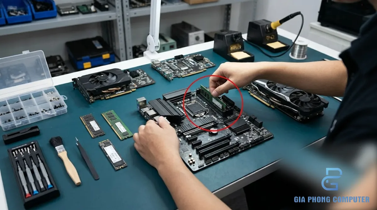 Kỹ thuật viên kiểm tra linh kiện để build PC gaming theo nhu cầu