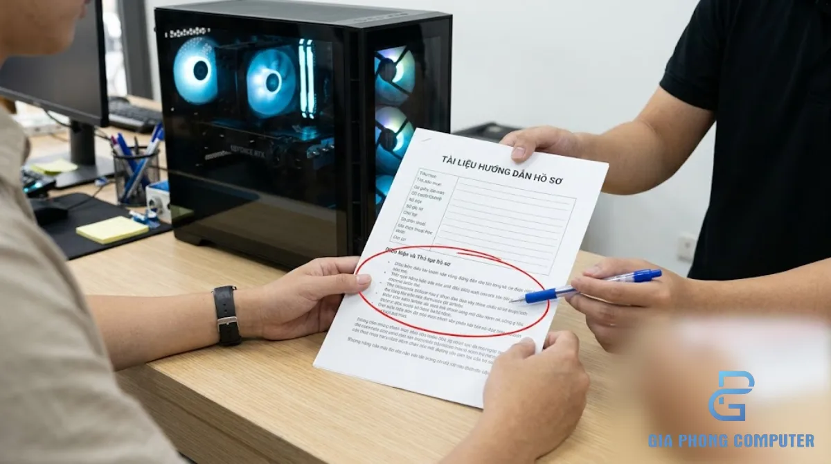 Kỹ thuật viên tư vấn hồ sơ mua PC gaming trả góp tại cửa hàng