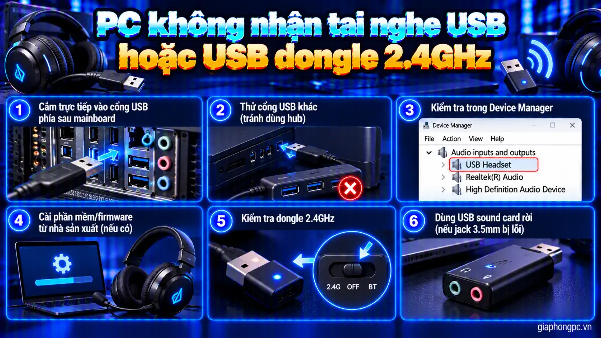 PC không nhận tai nghe USB hoặc USB dongle 2.4GHz