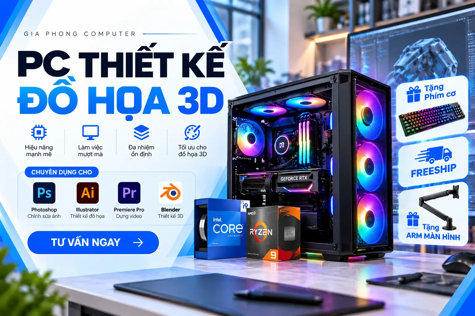 PC thiết kế đồ họa 3D cấu hình mạnh tại Gia Phong Computer, phù hợp thiết kế hình ảnh, dựng video và mô hình 3D