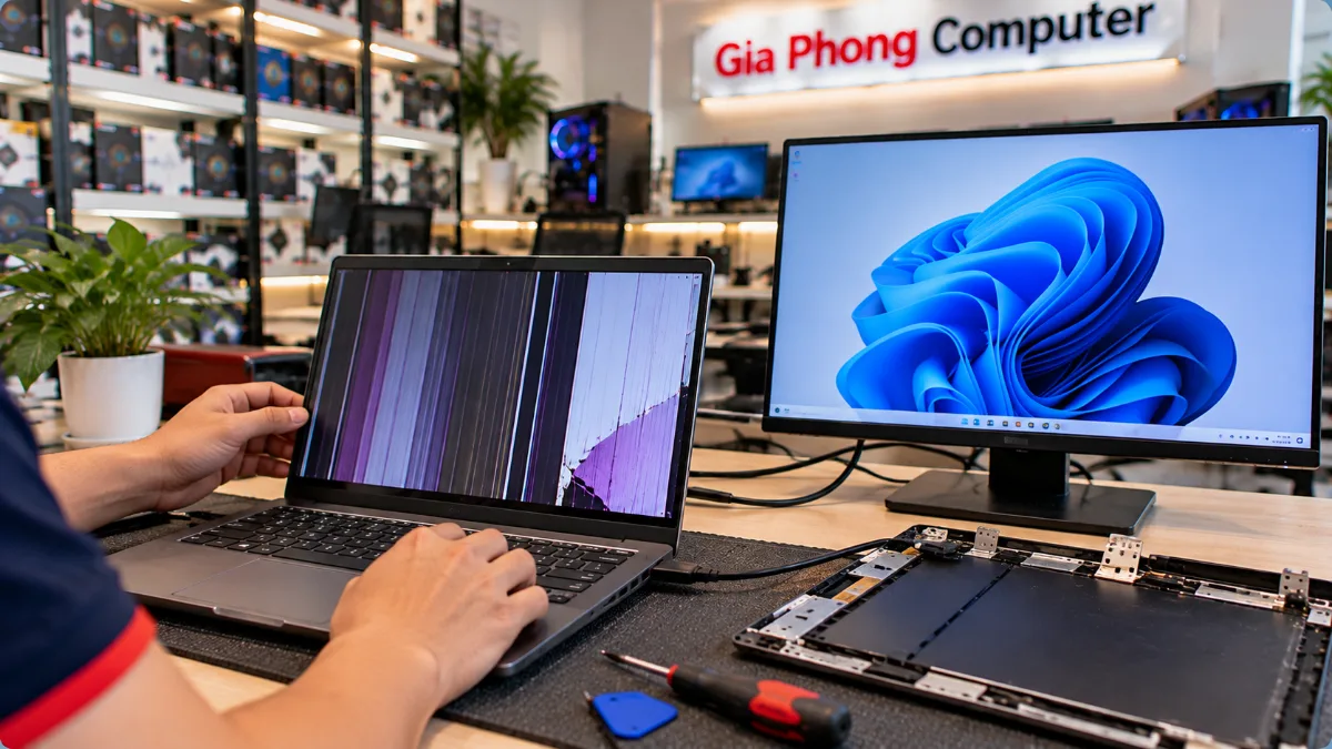 Kiểm tra laptop bị sọc màn hình bằng cách kết nối màn hình rời tại Gia Phong Computer