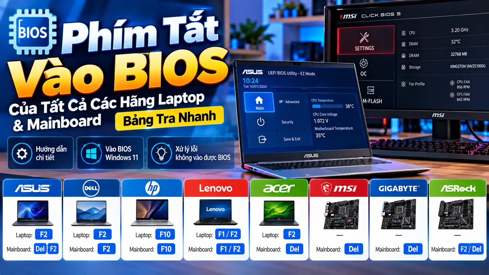 Phím tắt vào BIOS laptop và mainboard ASUS Dell HP Lenovo Acer MSI Gigabyte ASRock