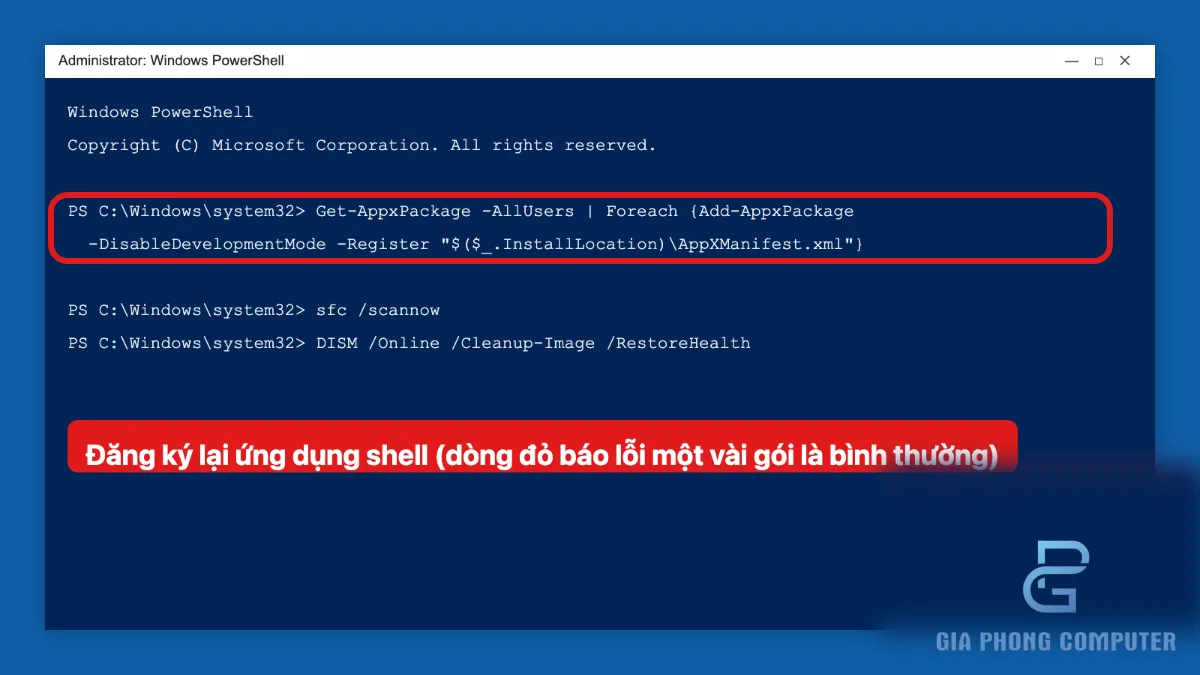 Chạy PowerShell với quyền quản trị để đăng ký lại gói ứng dụng Windows