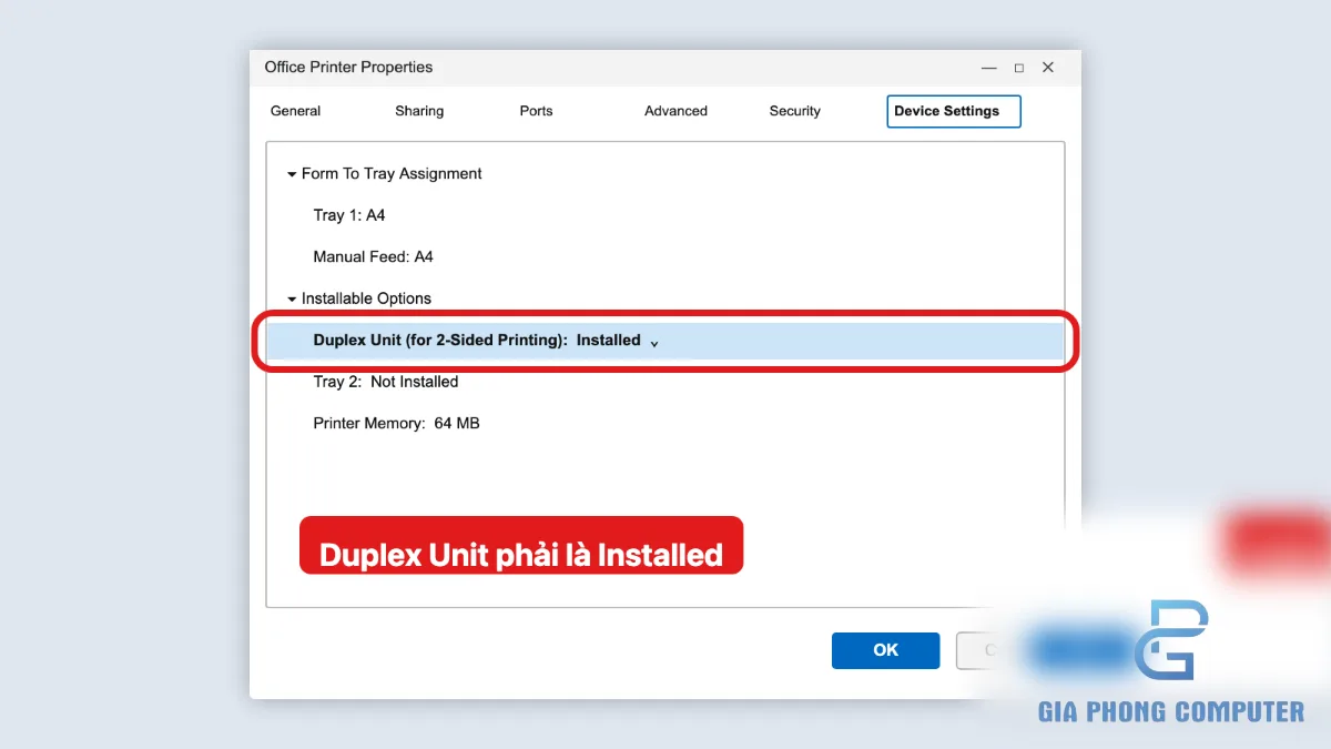 Kiểm tra Duplex Unit trong Printer Properties trên Windows 11