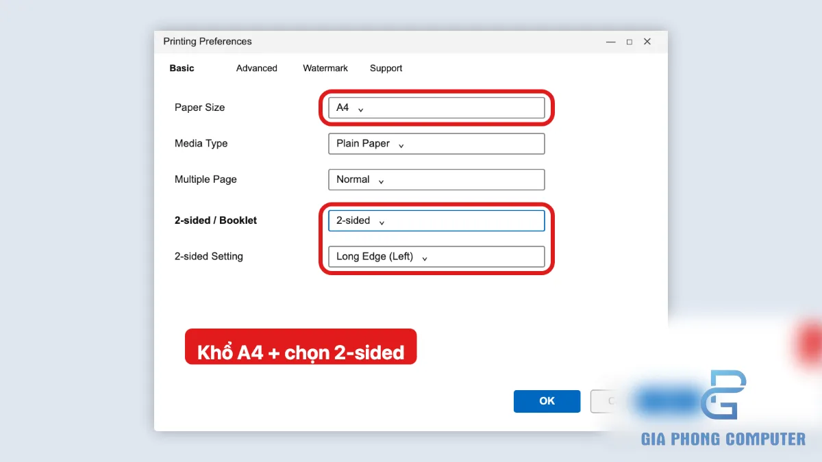 Chọn Print on both sides và chiều lật giấy trong Printing Preferences