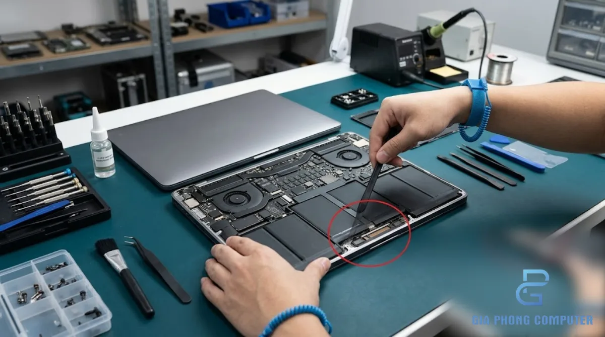 Đôi tay kỹ thuật viên cẩn thận tháo pin MacBook bằng dụng cụ sửa chữa chuyên dụng