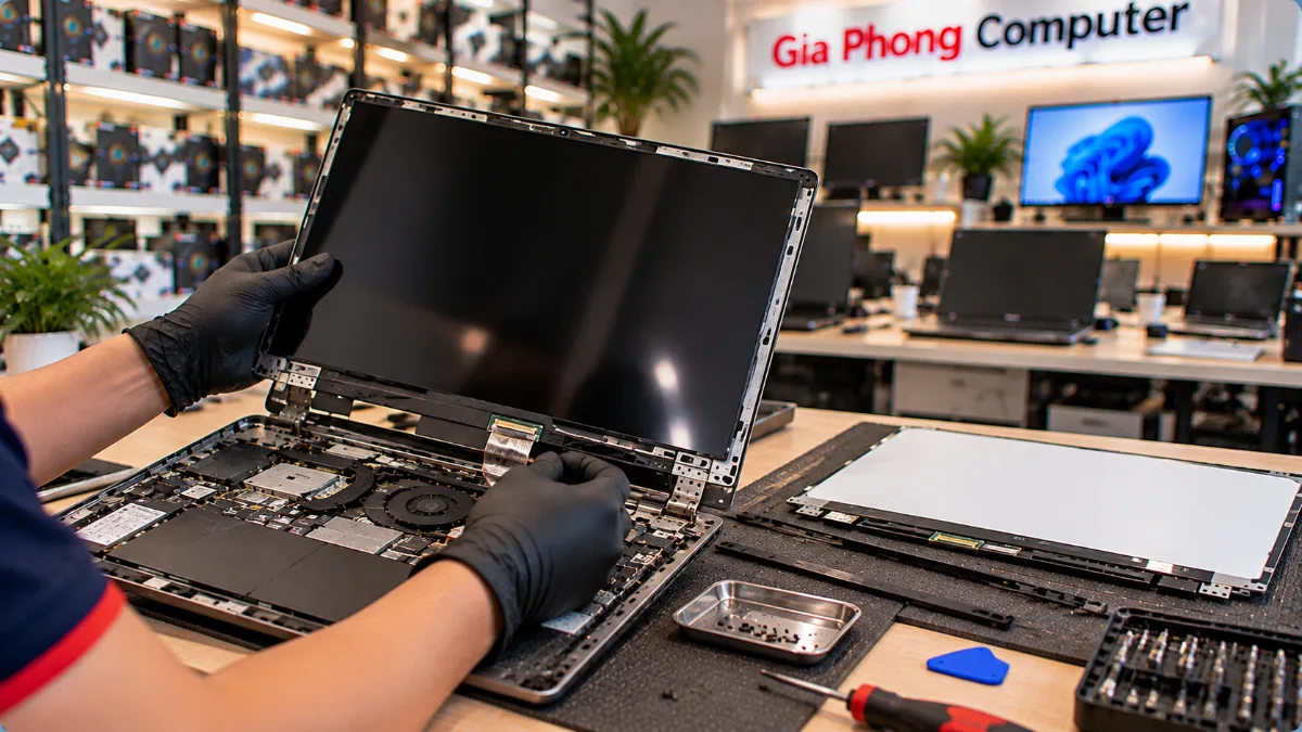 Kỹ thuật viên đeo găng tay tháo lắp màn hình laptop và kiểm tra cáp kết nối tại Gia Phong Computer