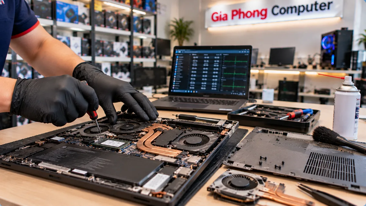 Kỹ thuật viên tháo lắp và vệ sinh hệ thống tản nhiệt laptop tại phòng kỹ thuật Gia Phong Computer