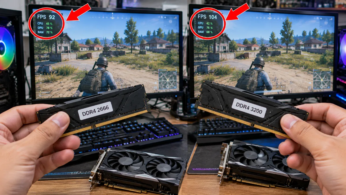 So sánh RAM DDR4-2666 và DDR4-3200 trong hai hệ thống chơi game, màn hình hiển thị FPS được khoanh đỏ và mũi tên đỏ để minh họa sự khác biệt hiệu năng.