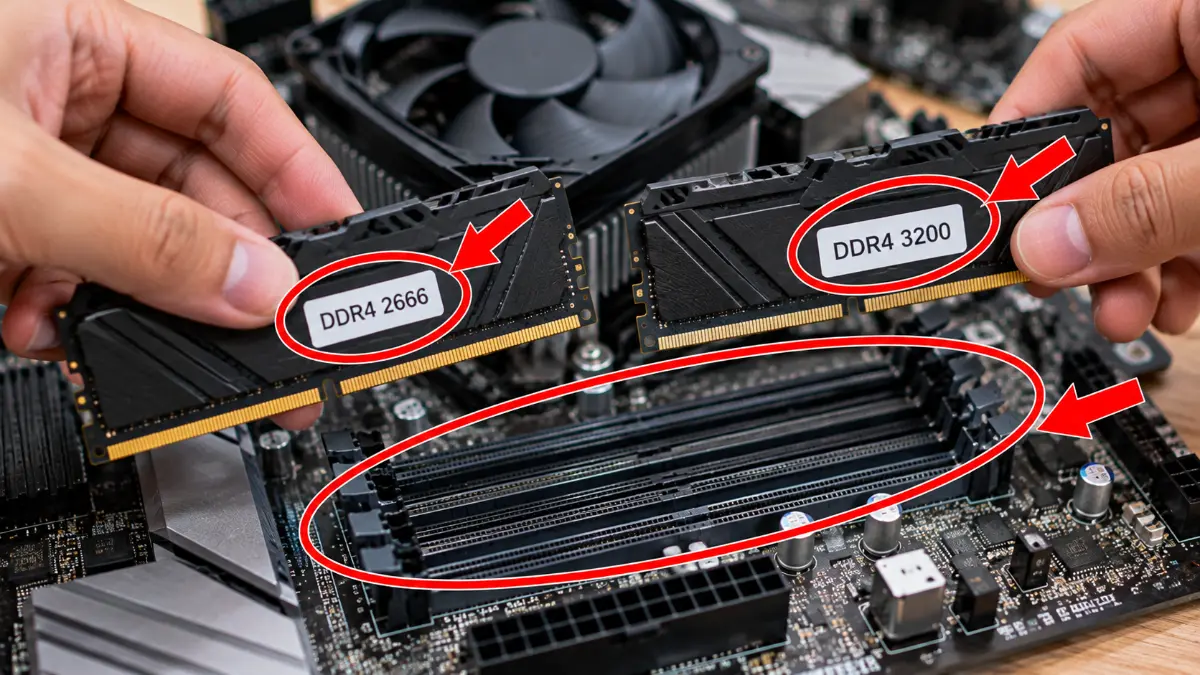 Hai thanh RAM DDR4-2666 và DDR4-3200 được cầm phía trên khe DIMM của mainboard, có vòng tròn đỏ và mũi tên đỏ làm nổi bật thông số RAM và vị trí lắp đặt.