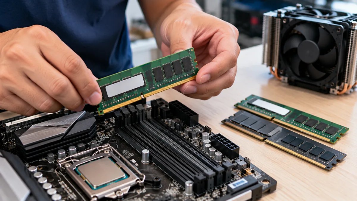 Kỹ thuật viên kiểm tra thanh RAM và khe cắm trên mainboard để xác định khả năng tương thích với CPU