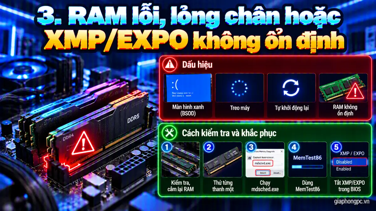 RAM lỗi lỏng chân hoặc XMP EXPO không ổn định