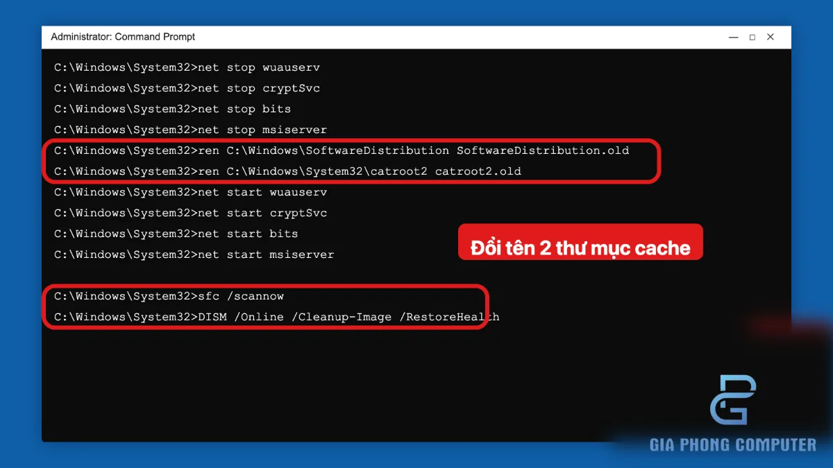 Cửa sổ Command Prompt chạy với quyền quản trị để đặt lại các dịch vụ Windows Update