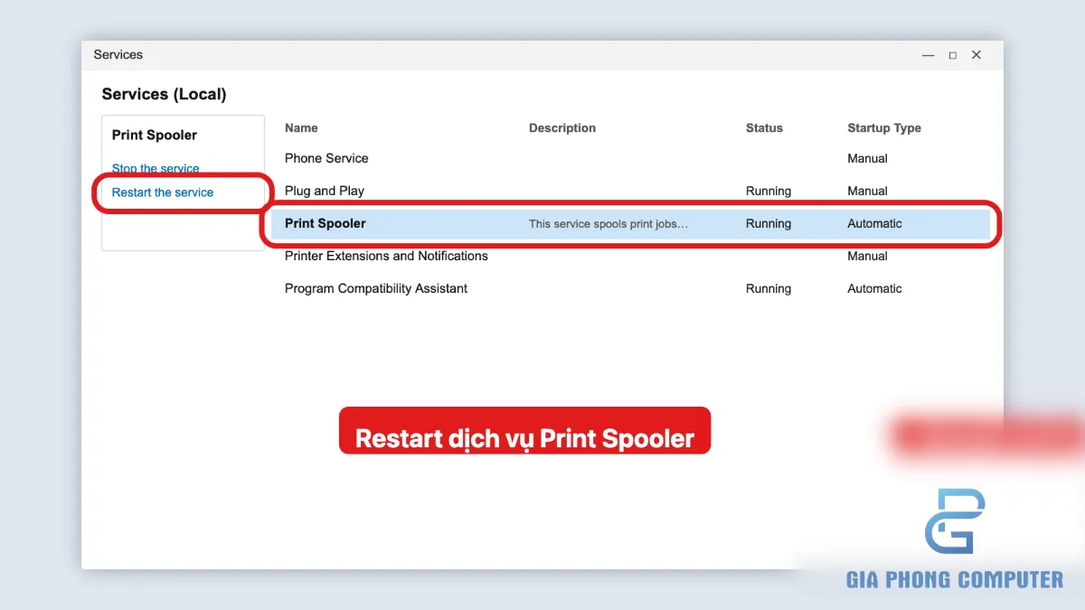 Khởi động lại dịch vụ Print Spooler trong Windows Services