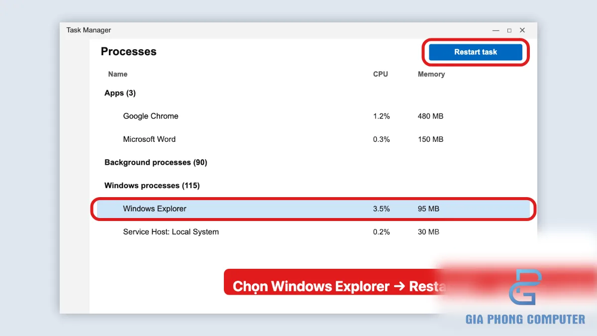 Khởi động lại Windows Explorer trong Task Manager Windows 11
