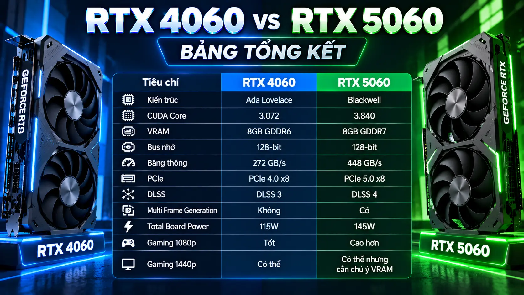 RTX 4060 vs RTX 5060 bảng tổng kết thông số