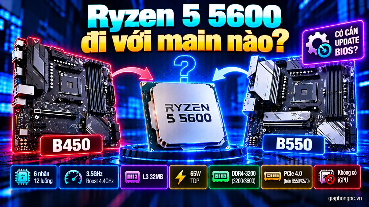 Ryzen 5 5600 đi với main nào? B450 hay B550 và có cần update BIOS