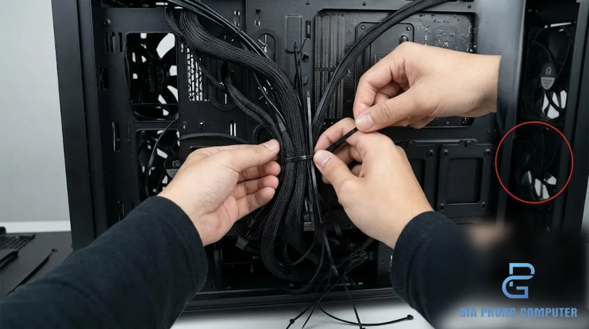 Hai bàn tay buộc gọn dây nguồn và kiểm tra hướng gió quạt trong thùng PC