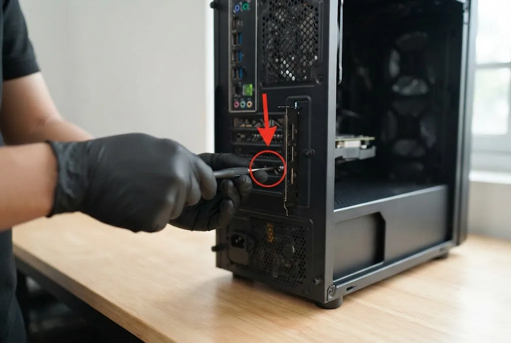 Siết ốc cố định card màn hình vào khung thùng máy PC