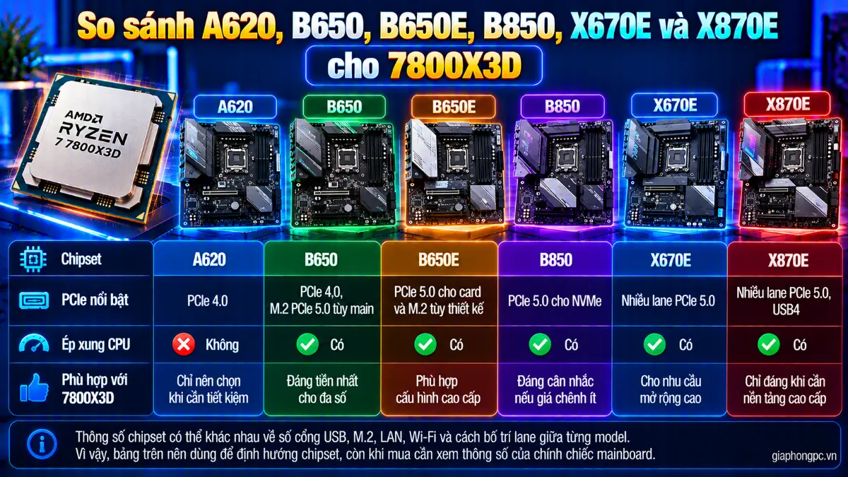 So sánh A620 B650 B650E B850 X670E X870E cho Ryzen 7 7800X3D