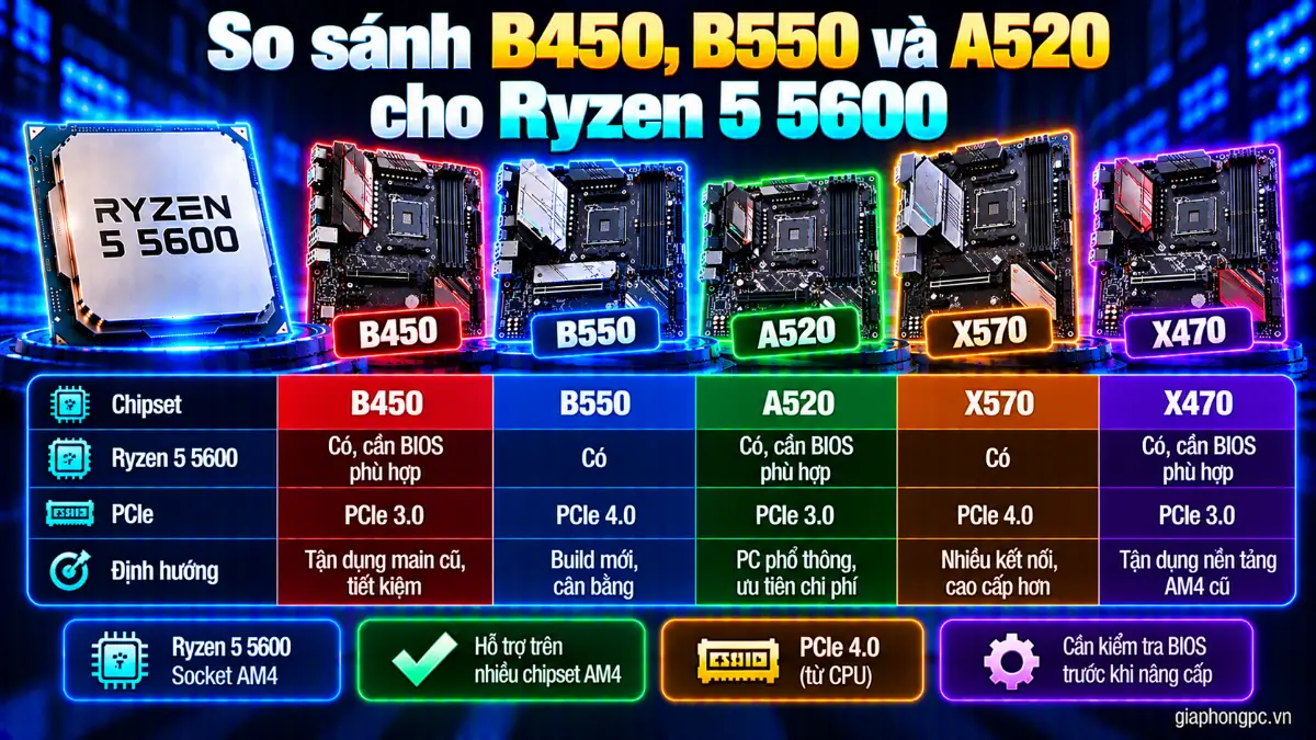 So sánh B450 B550 A520 cho Ryzen 5 5600