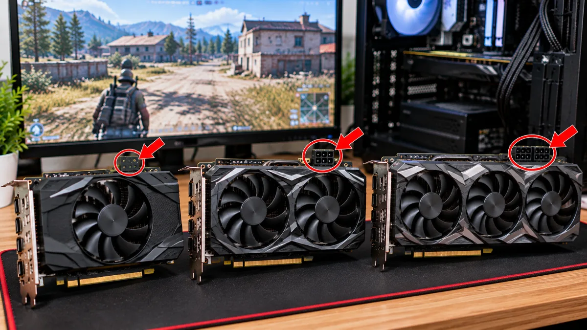 So sánh ba card màn hình GTX 1650, RTX 3050 và RTX 3060 đặt cạnh nhau trên bàn kỹ thuật, mũi tên đỏ chỉ vị trí đầu cấp nguồn PCIe của từng card