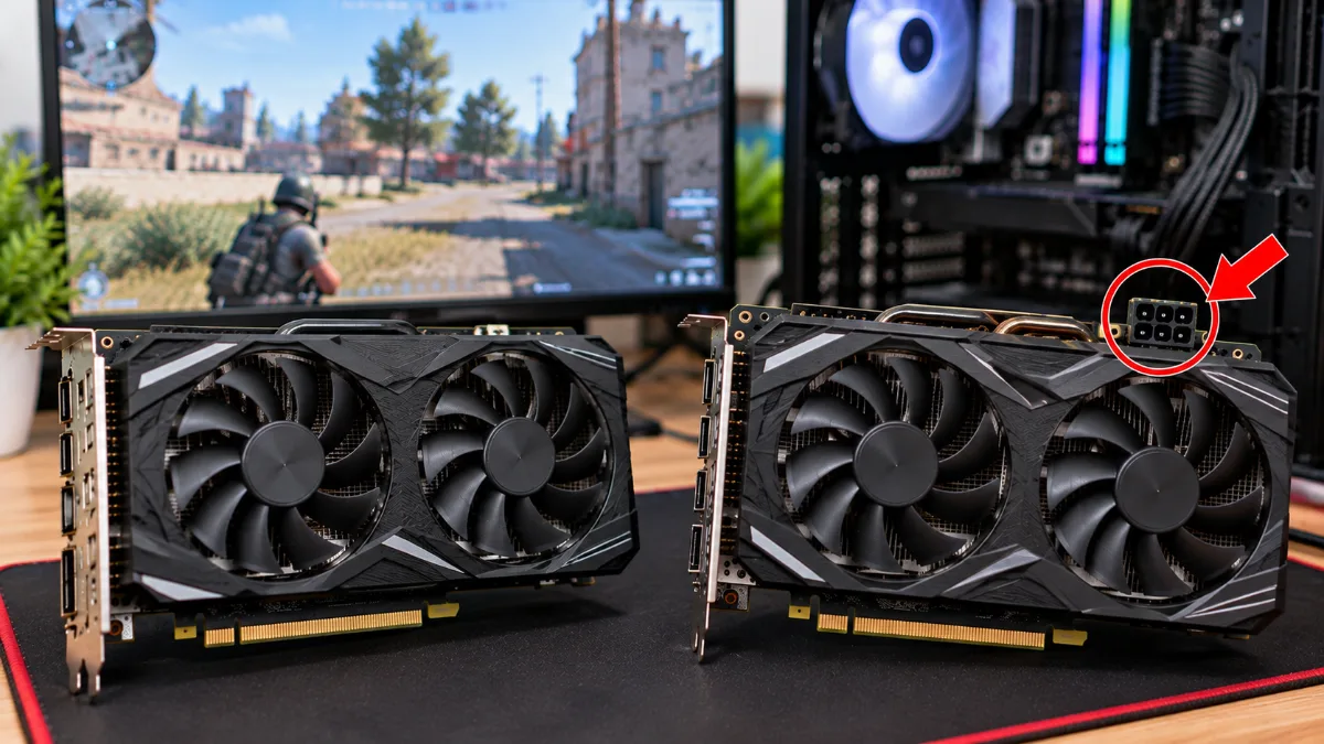 So sánh card màn hình GTX 1650 và GTX 1650 Super với mũi tên đỏ chỉ đầu cấp nguồn PCIe trên card GTX 1650 Super