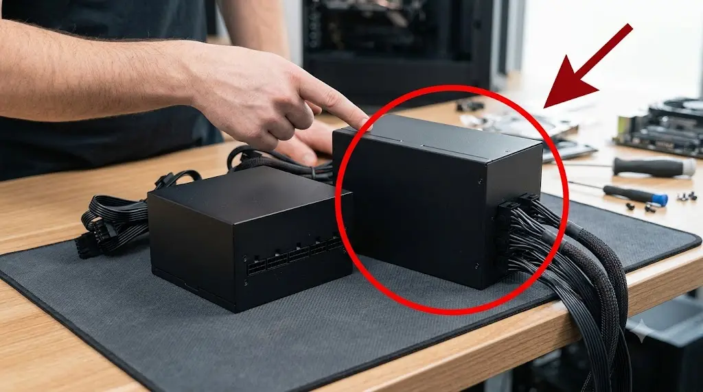 Hình ảnh so sánh thực tế hai bộ nguồn máy tính (PSU), khoanh đỏ nhấn mạnh bộ nguồn có công suất và kích thước lớn hơn như 650W.