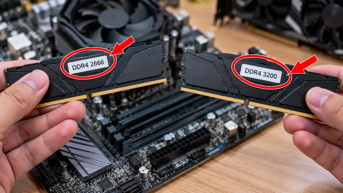 So sánh hai thanh RAM DDR4 bus 2666 và DDR4 bus 3200 được cầm trên bàn kỹ thuật, có vòng tròn đỏ và mũi tên đỏ làm nổi bật thông số tốc độ.