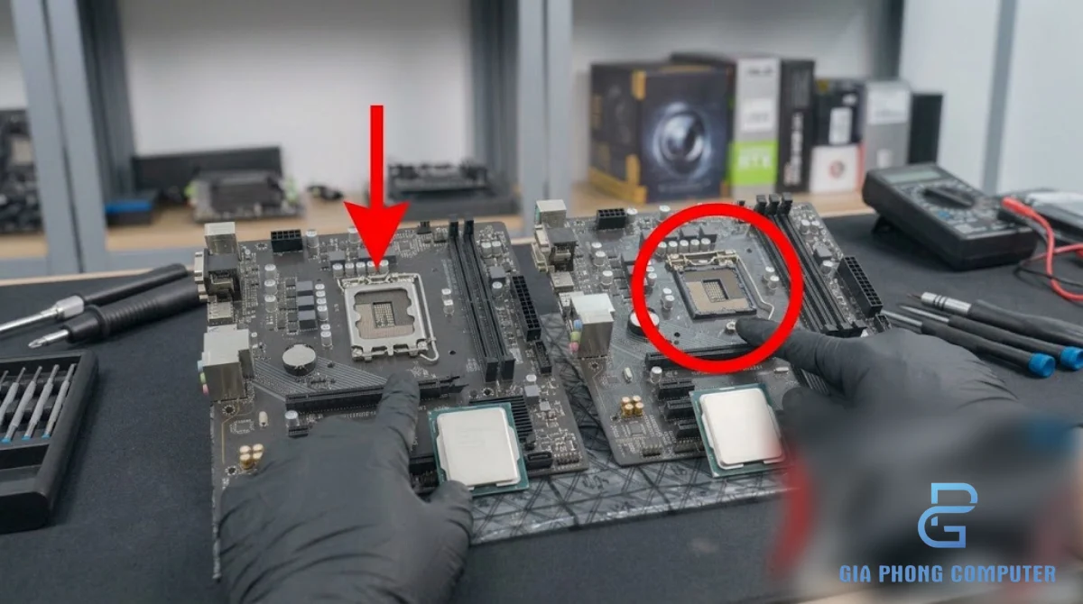 Kỹ thuật viên đối chiếu socket LGA1700 và LGA1851 trước khi chọn CPU Intel