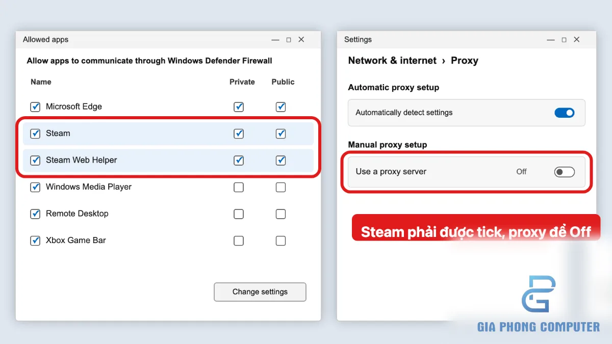 Kiểm tra quyền truy cập mạng của Steam trong Windows Firewall và thiết lập Proxy