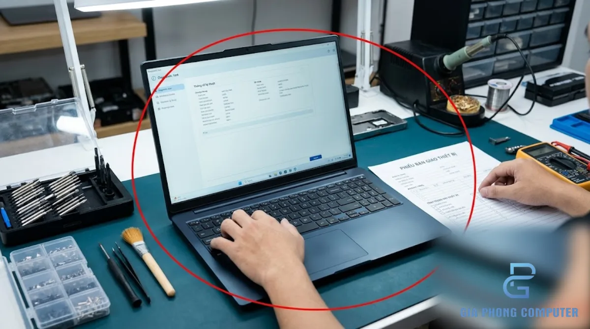 Kỹ thuật viên kiểm tra laptop hoàn tất và hồ sơ bàn giao tại cửa hàng